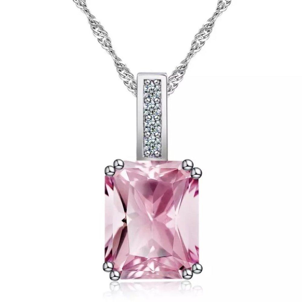 Pink Princess Cut AAA Cubic Zirconia Necklace - Picture 2 of 6